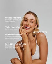 Ohra Lifted Forehead Mask key benefits, smooths fine lines, refines and firms, restores hydration, reusable and non-slip. A smiling woman with a beige facial mask patch applied to her forehead poses against a light gray background with white text detailing the key benefits of the mask.