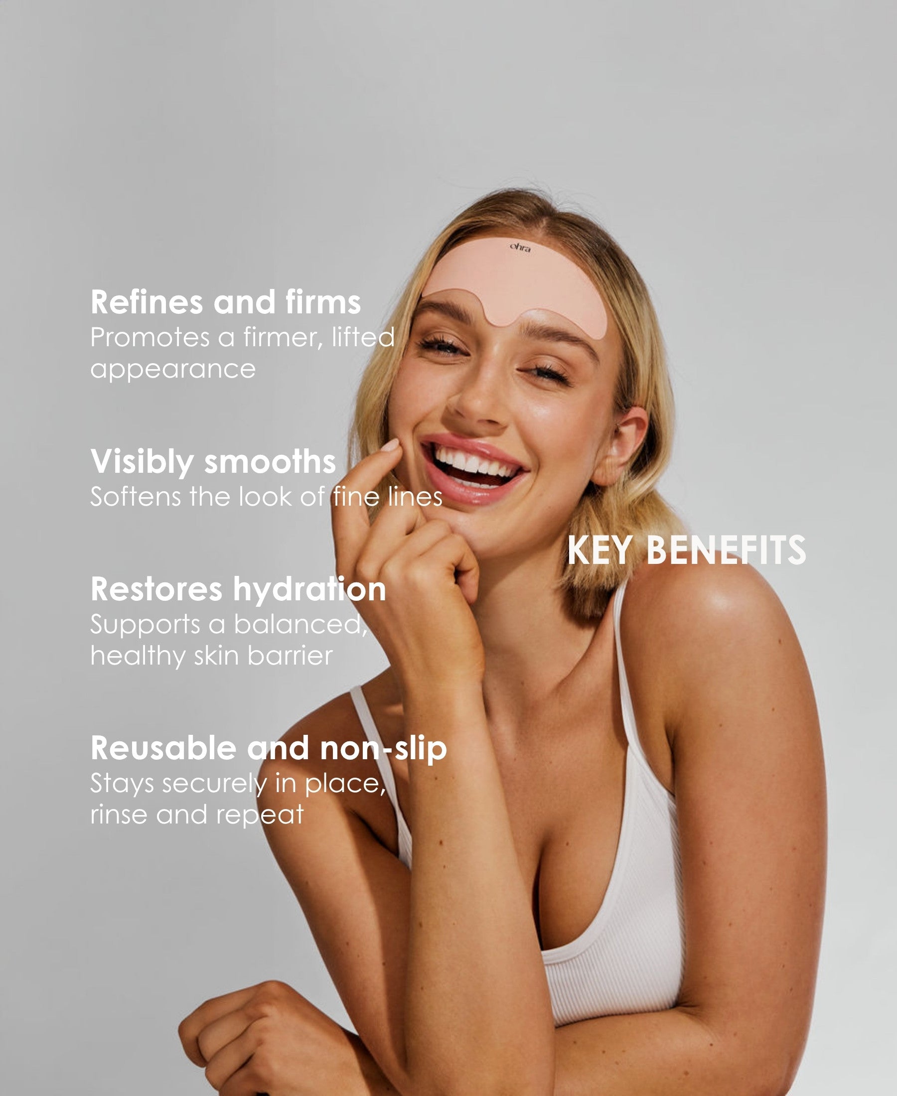 Ohra Lifted Forehead Mask key benefits, smooths fine lines, refines and firms, restores hydration, reusable and non-slip. A smiling woman with a beige facial mask patch applied to her forehead poses against a light gray background with white text detailing the key benefits of the mask.